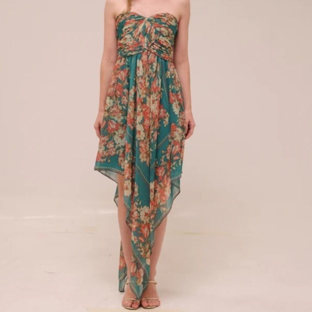 Y2k strapless Teal Floral Mariselle Garden Drape Midi Dress